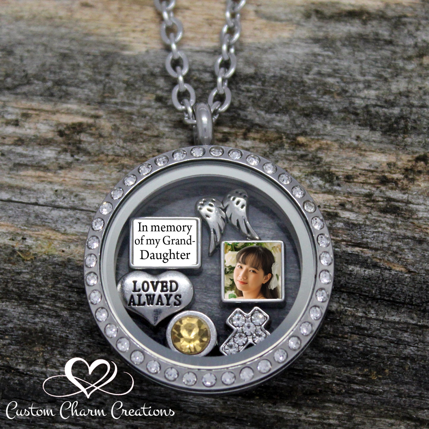 In Memory of my Granddaughter | Loved Always | Stainless Steel Memorial Locket Charm Set