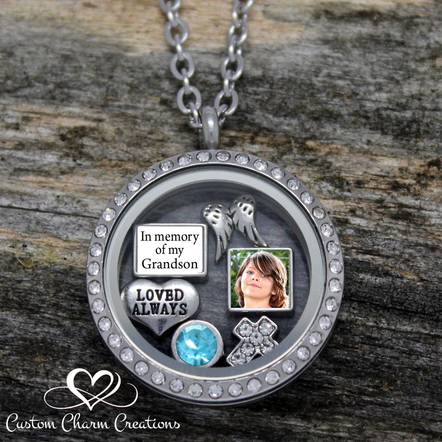 In Memory of my Grandson Memorial Floating Locket and Charm Set with Personalized Picture Charm and Birthstone Charm