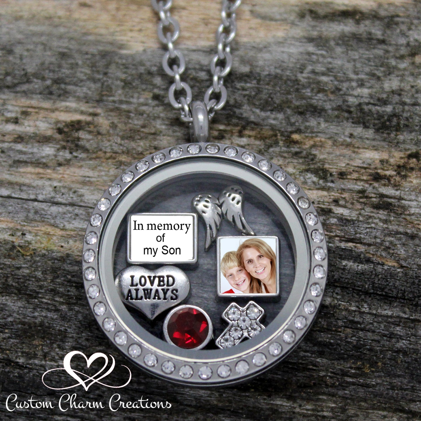 In Memory of my Son Floating Locket Memorial Necklace with Personalized Picture Charm