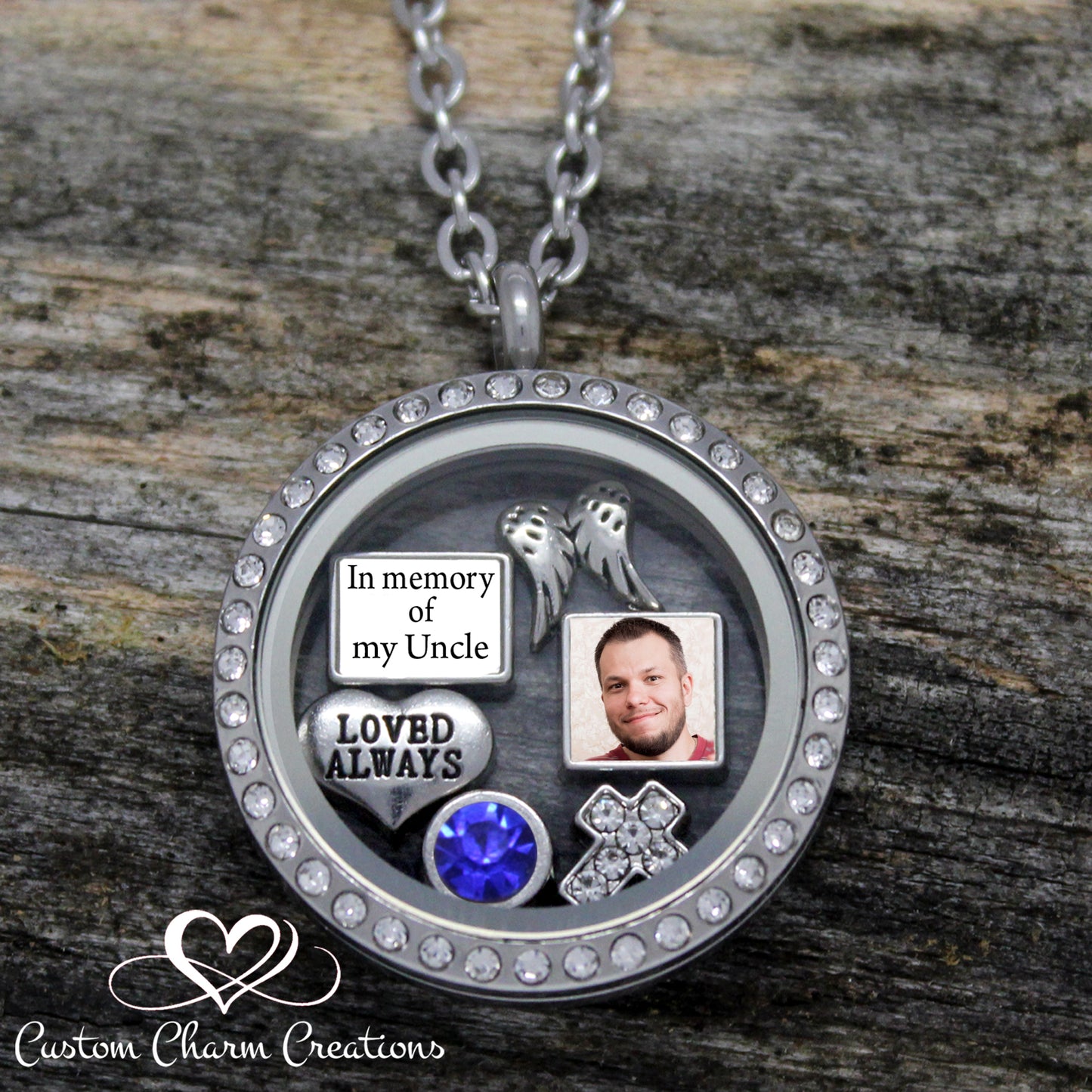 In Memory of my Uncle Memorial Floating Locket Necklace and Charm Set
