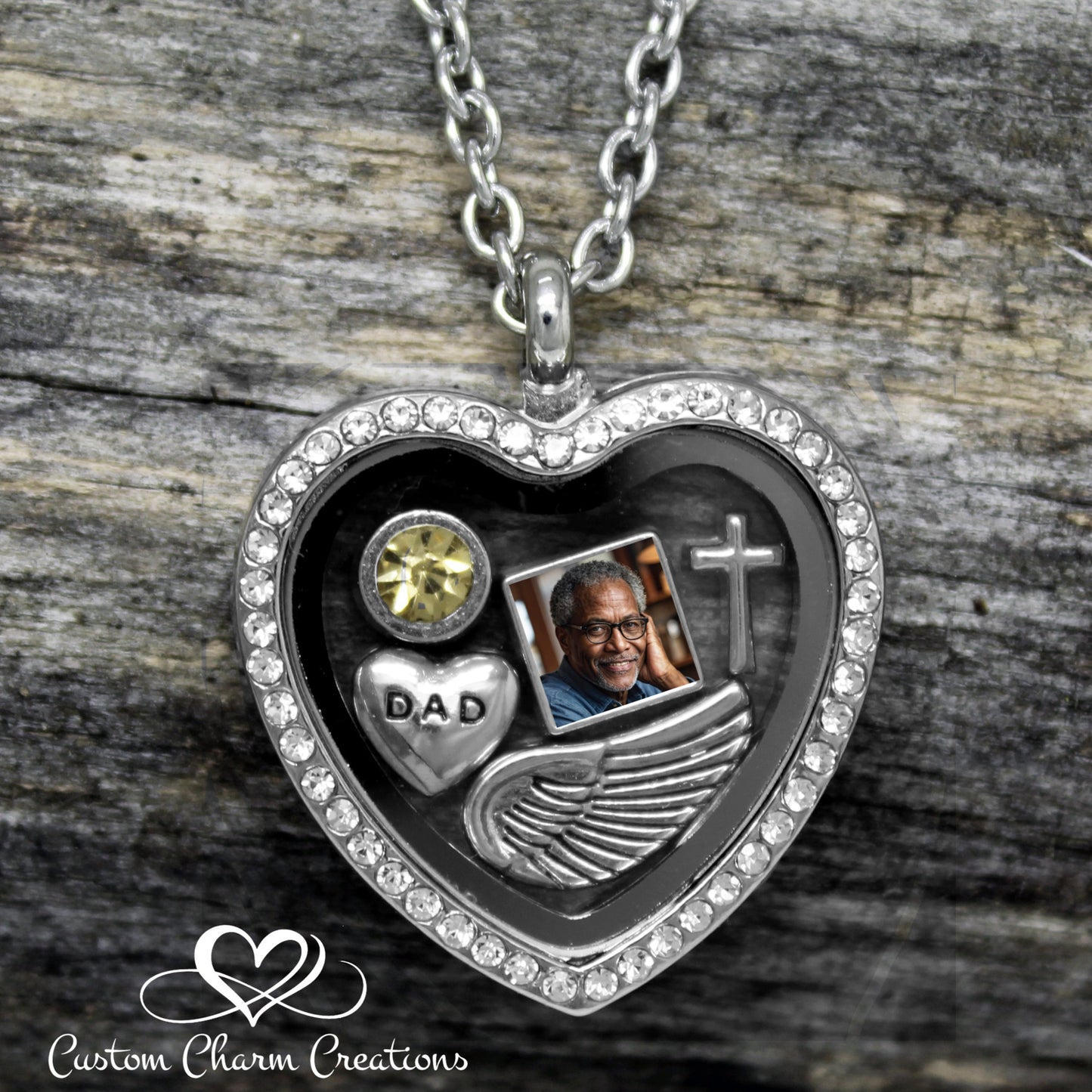 In memory of my Dad Heart Floating Locket Necklace with Personalized Picture Charm