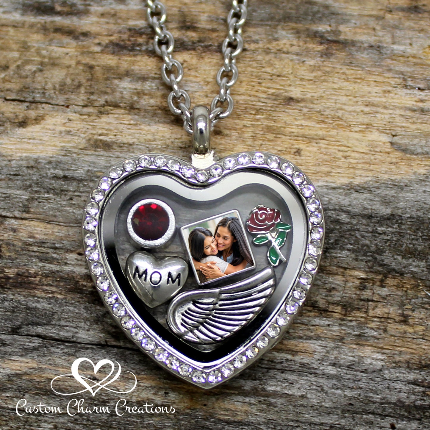 In memory of my Mom Memorial Heart floating necklace locket with personalized picture