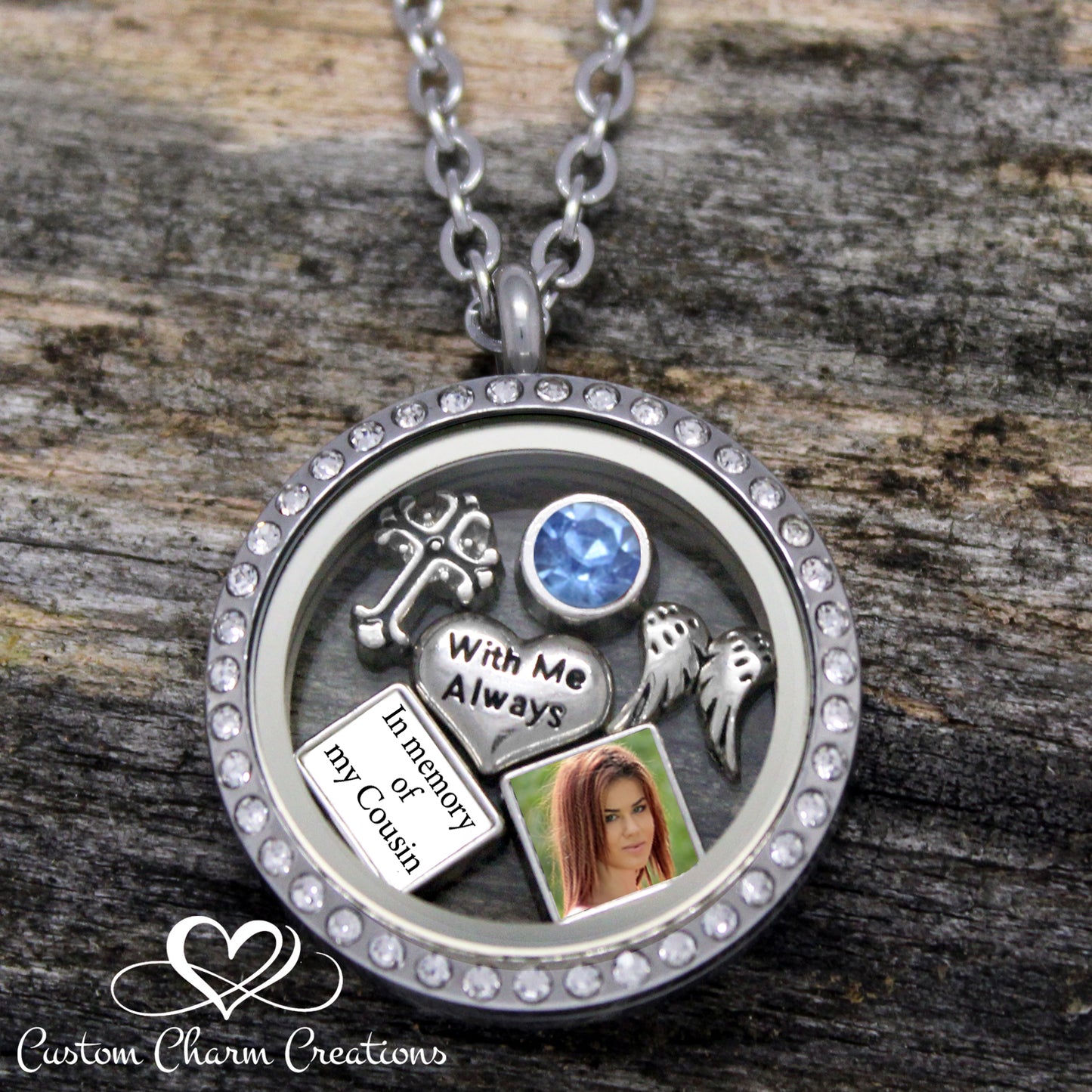 In Memory of my Cousin Remembrance Locket Necklace and Charm Set Personalized