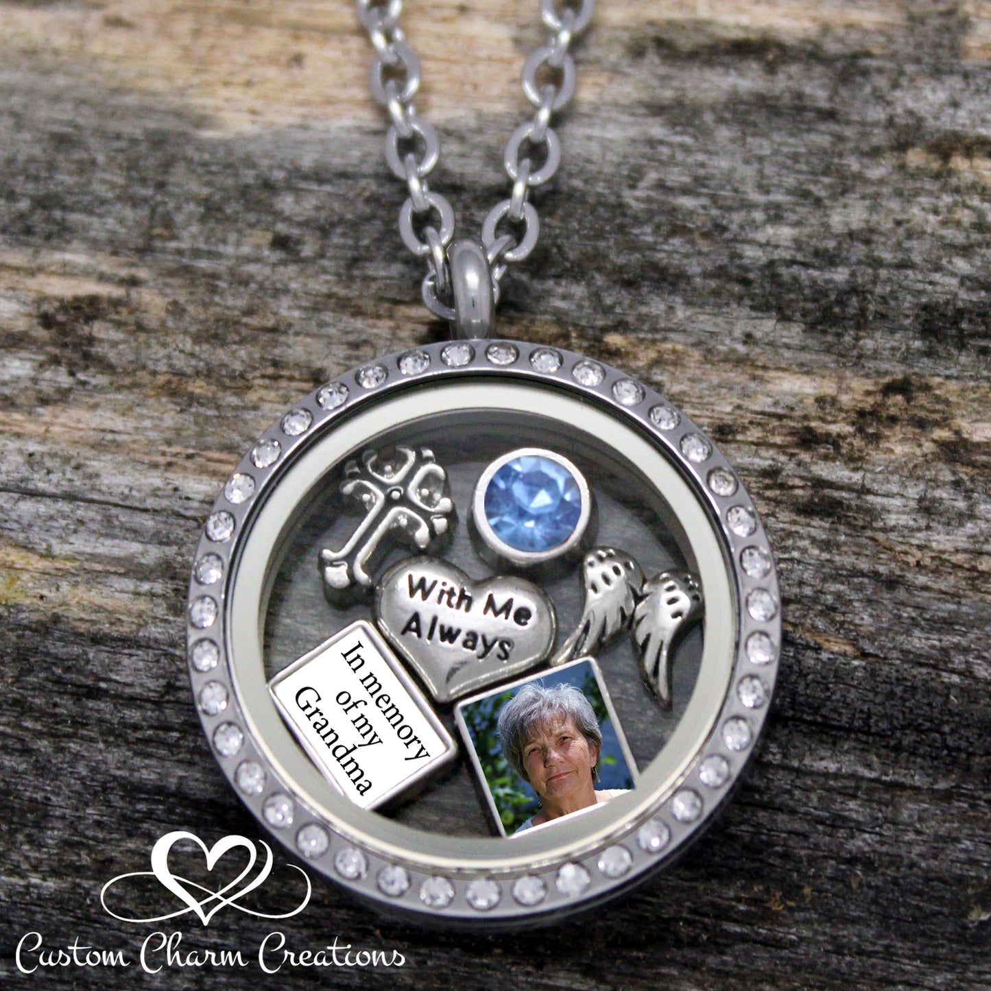 In Memory of my Grandma Floating Locket Memorial Necklace and Charm Set