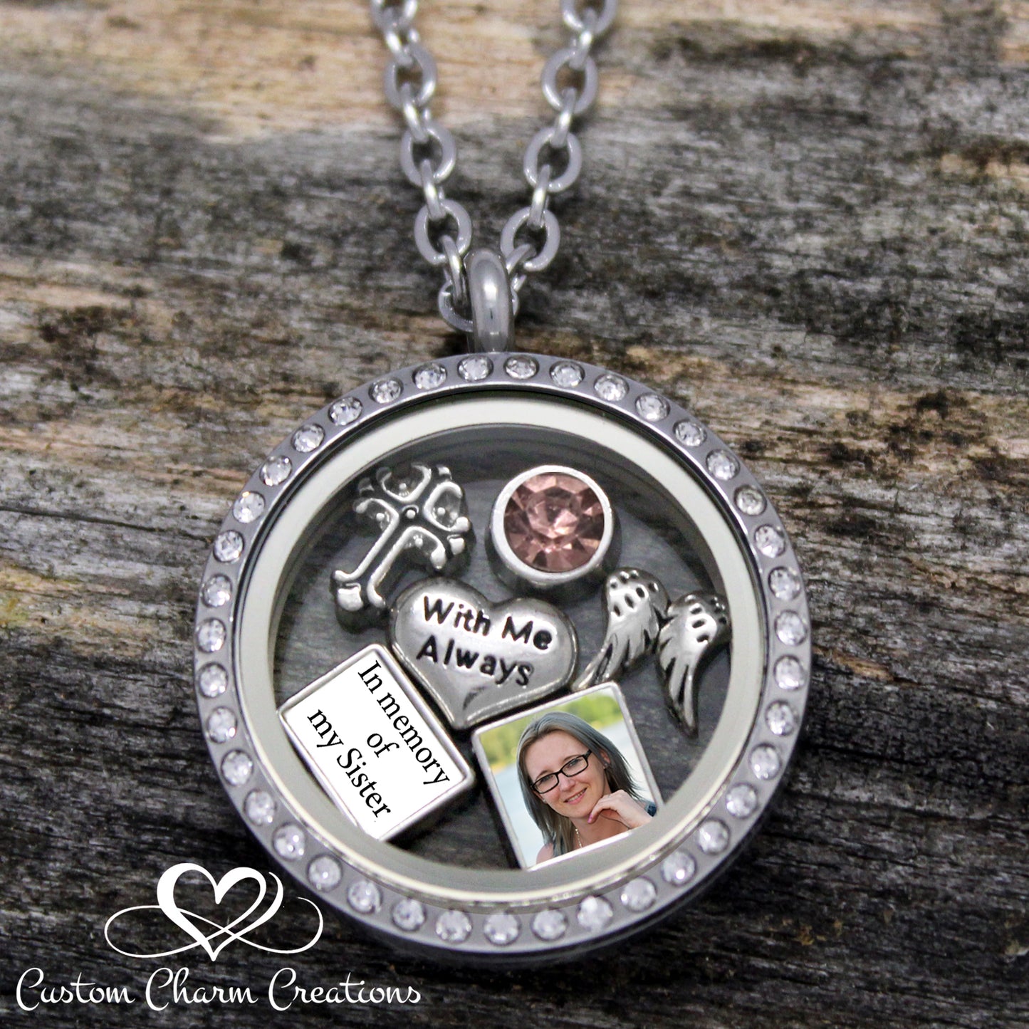In Memory of my Sister Floating Locket Memorial Charm Set, Personalized Picture Charm