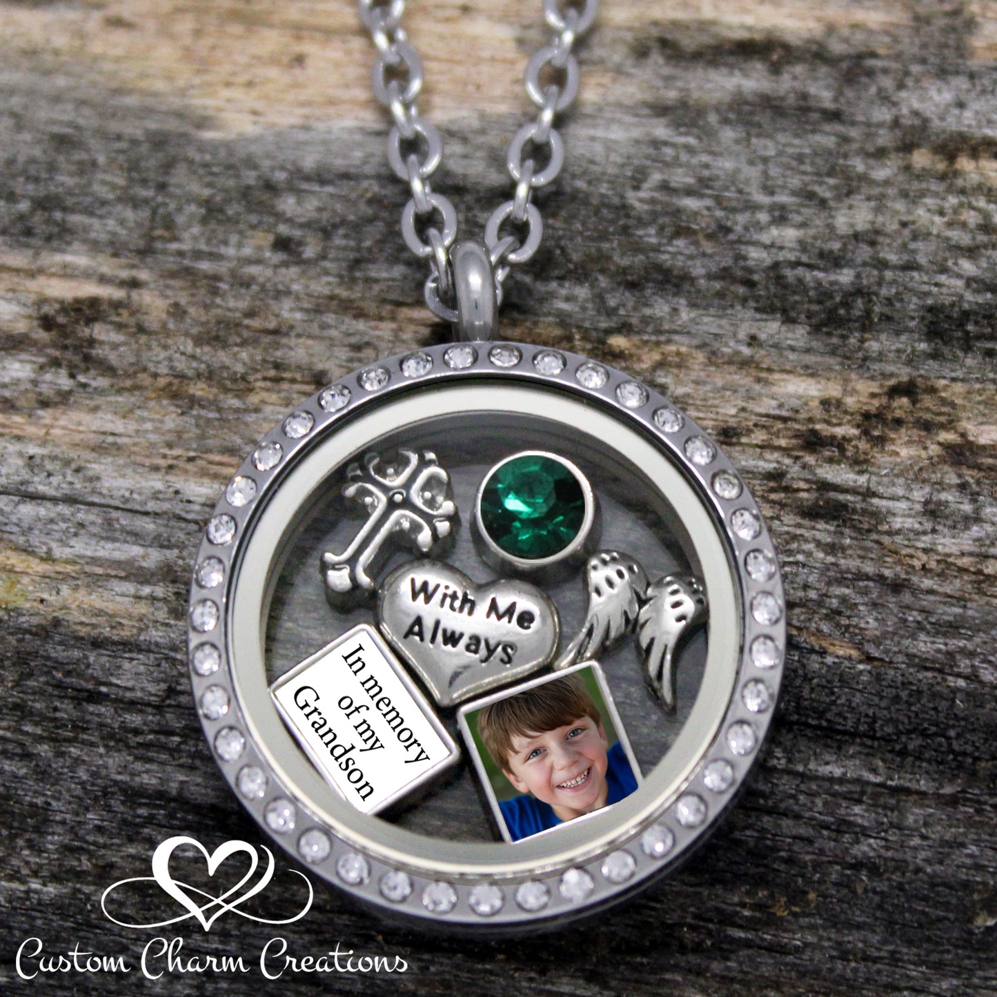 In Memory of my Grandson Memorial Locket, Customized Picture Charm, Cross Charm, Angel Wings, Birthstone