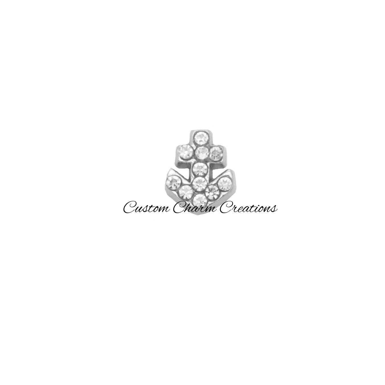 Floating Locket Charm • Ship Anchor with Crystal Rhinestones Memory Charm - TRA23 - Custom Charm Creations