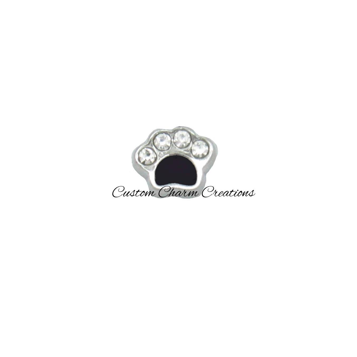 Black Paw Print with Crystals Floating Locket Charm - Custom Charm Creations