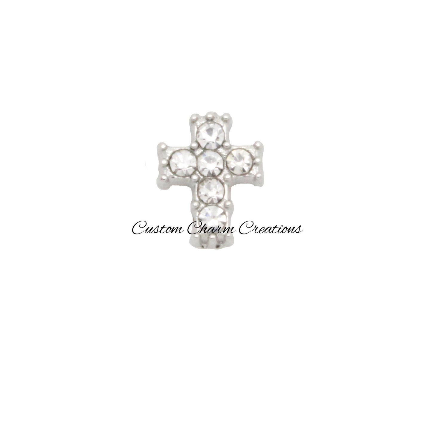 Cross Floating Locket Charm • Large Silver Cross with Crystals Rhinestones • Religious • Memory Charm - REL39 - Custom Charm Creations