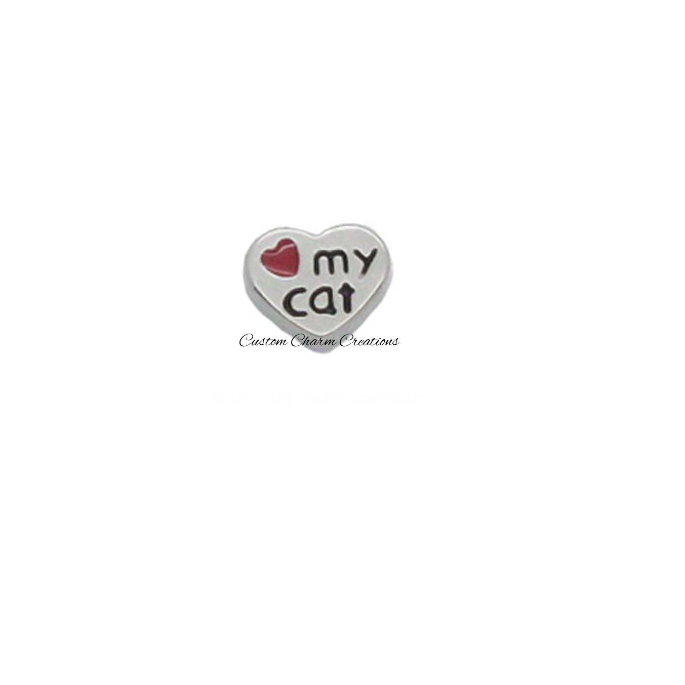 Love my Cat Silver Heart Floating Locket Charm - Custom Charm Creations