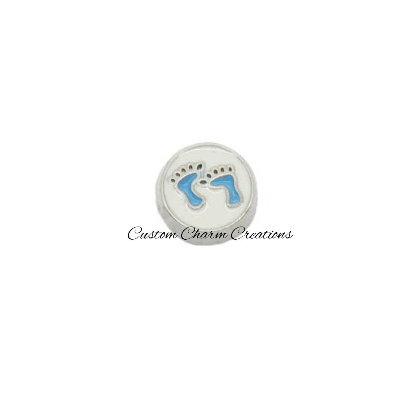 Blue Baby Footprints Round Floating Locket Charm - Custom Charm Creations