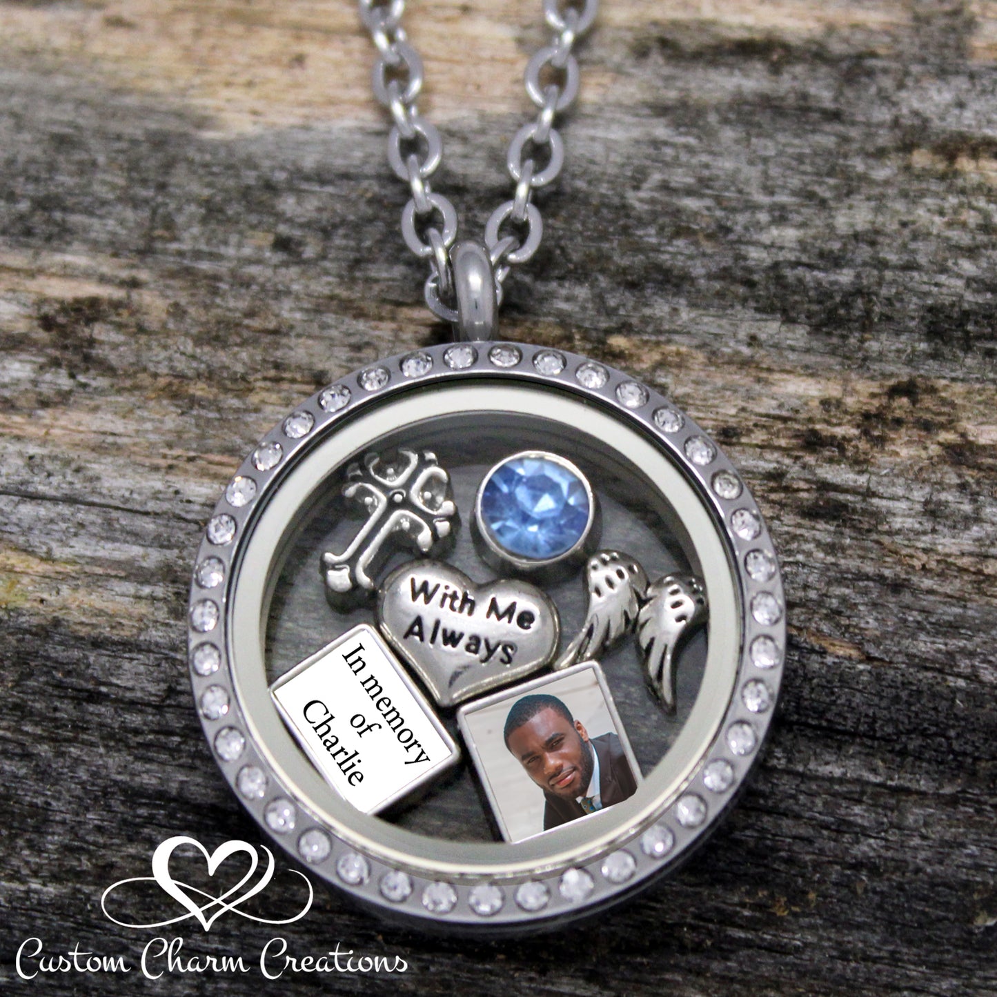 Memorial Locket with Personalized Name Charm and Picture,  Remembrance Pendant