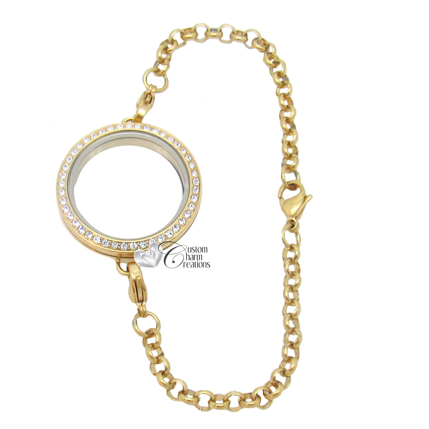 Gold Tone Stainless Steel Floating Locket Bracelet with Crystals