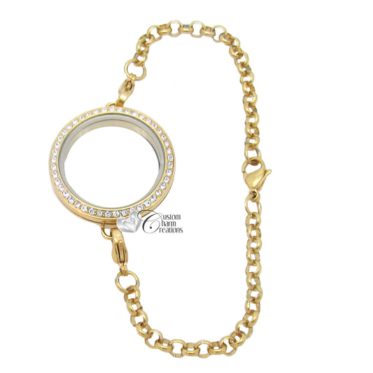 Gold Tone Stainless Steel Floating Locket Bracelet with Crystals