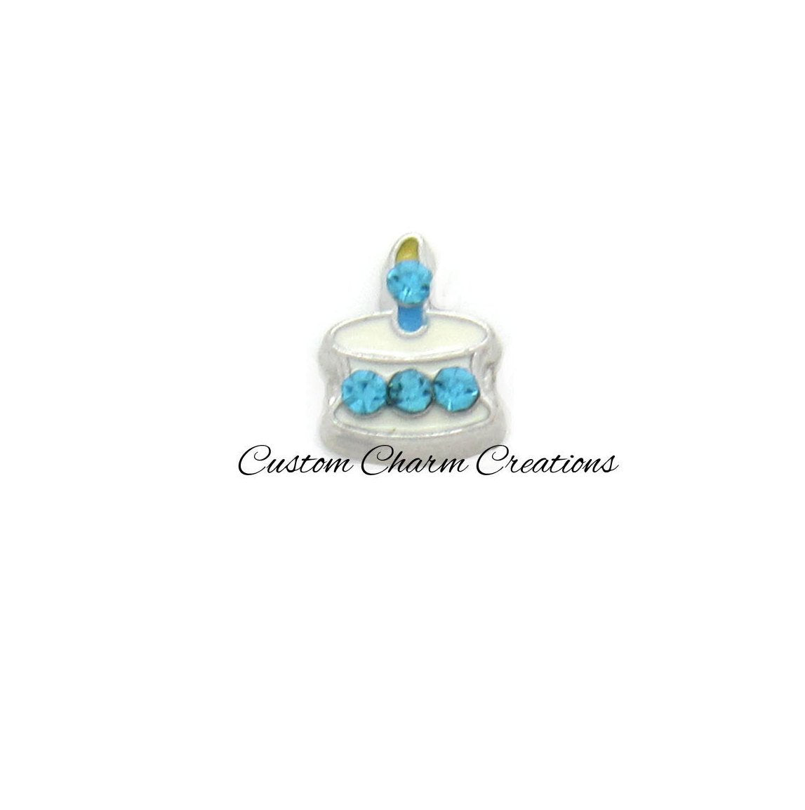 Happy Birthday Cake with Blue Rhinestones Floating Locket Charm - Custom Charm Creations
