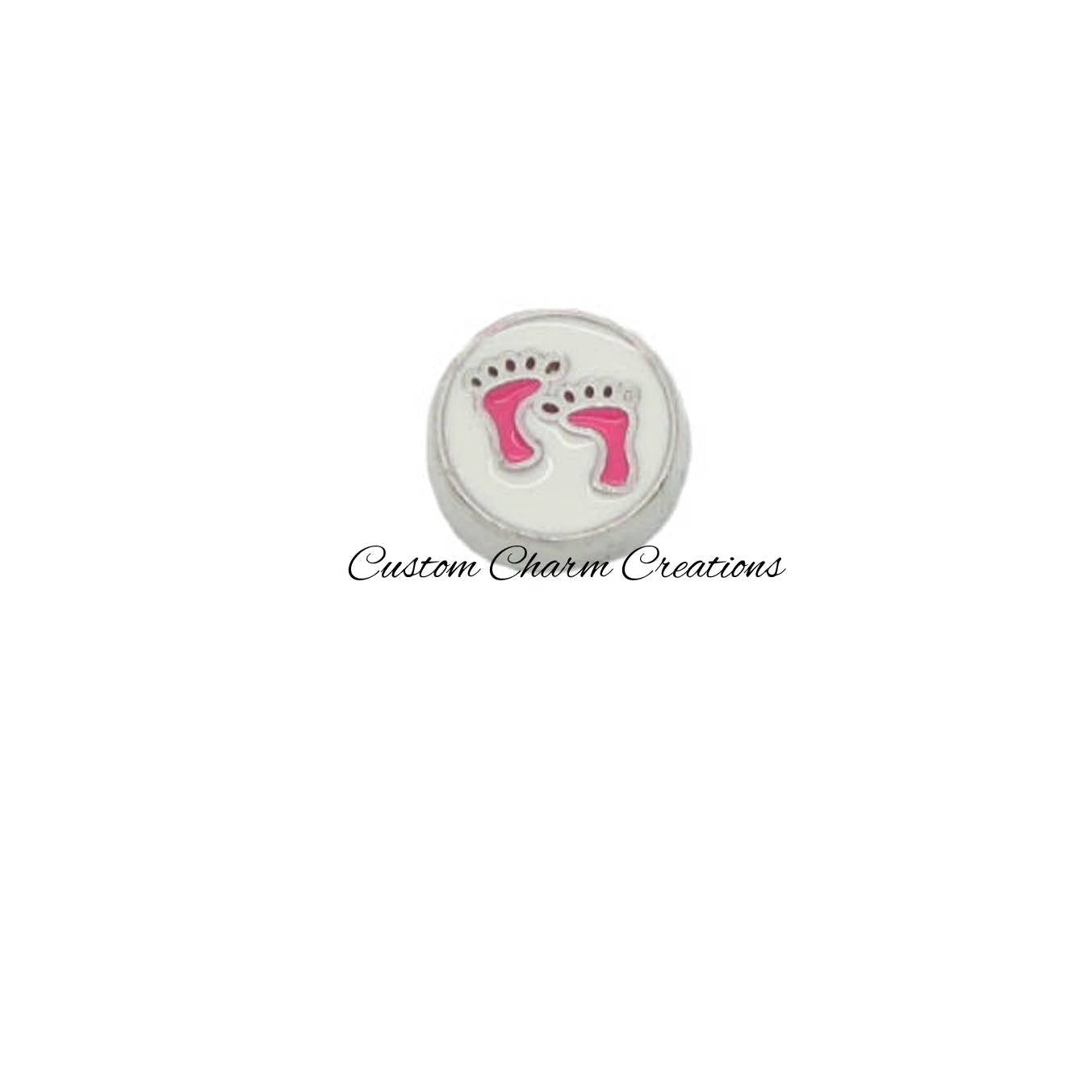 Pink Baby Footprints Round Floating Locket Charm - Custom Charm Creations