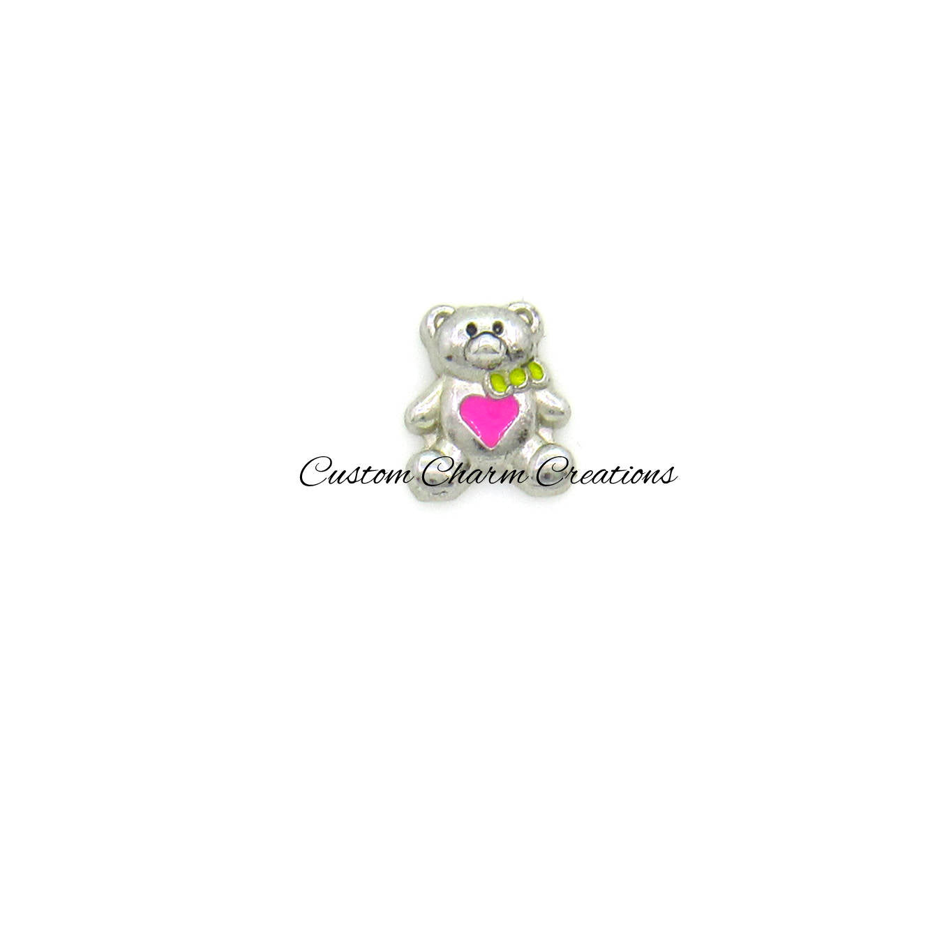 Silver Bear with Hot Pink Heart Floating Locket Charm - Custom Charm Creations