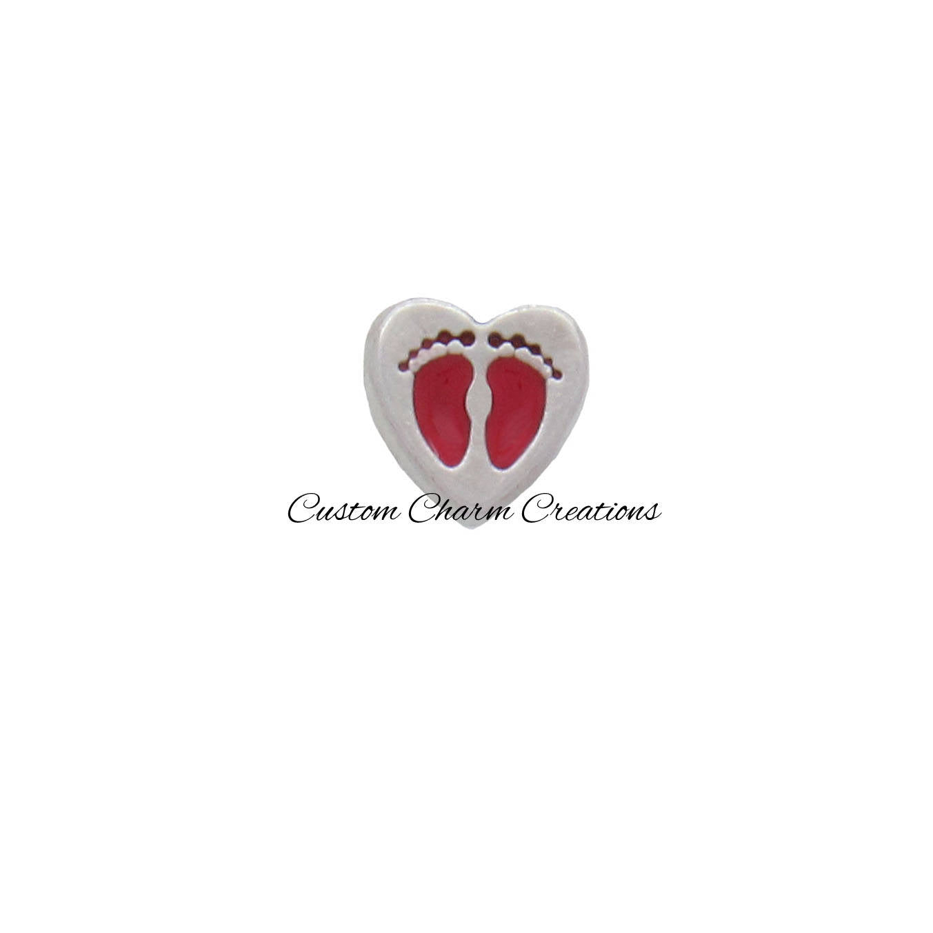 Red Baby Footprints Silver Heart Floating Locket Charm - Custom Charm Creations