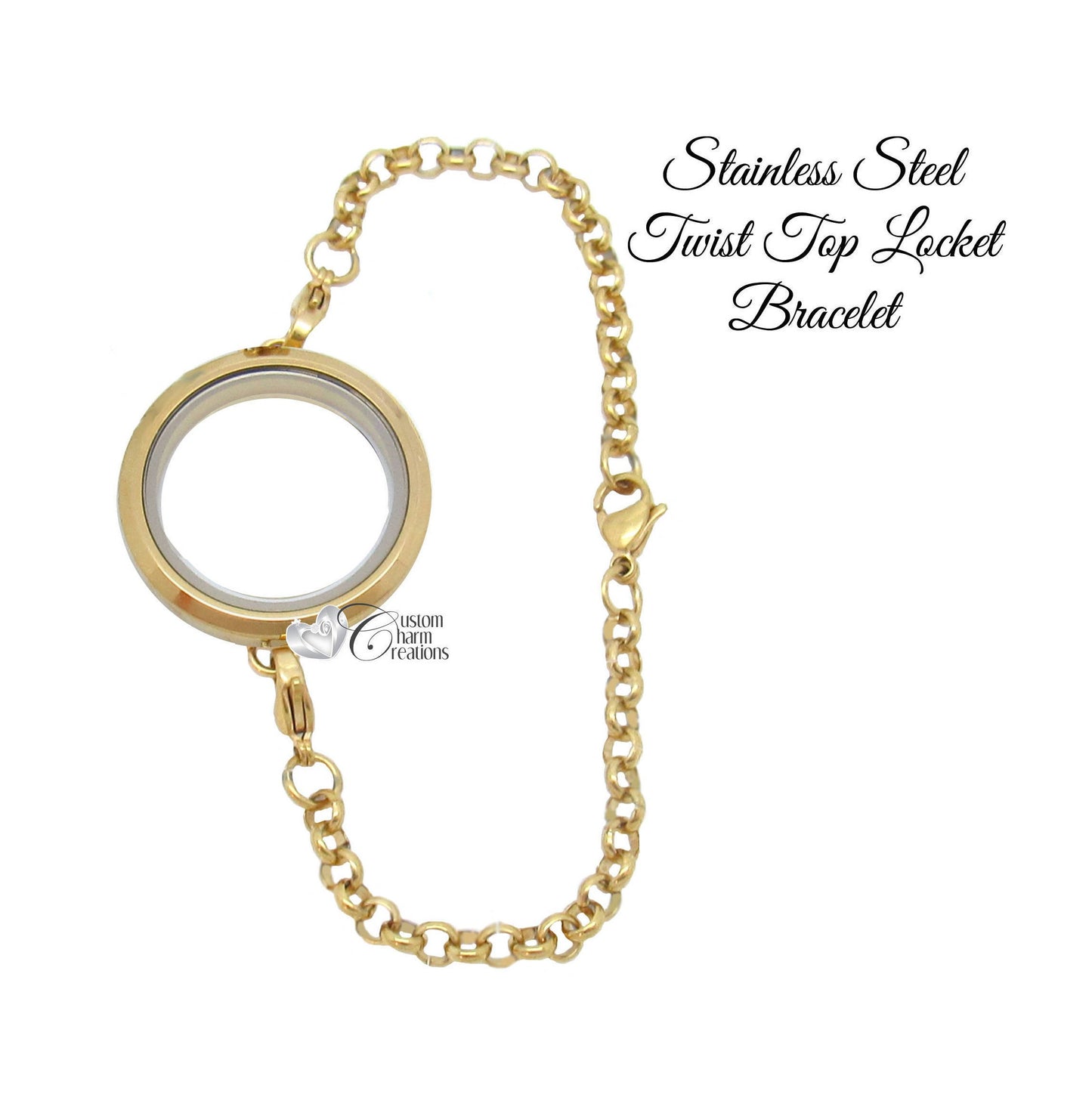 Floating Locket Bracelet • Stainless Steel • Gold Tone • Twist Top • Large 30 mm • Crystals ~ SS129 - Custom Charm Creations
