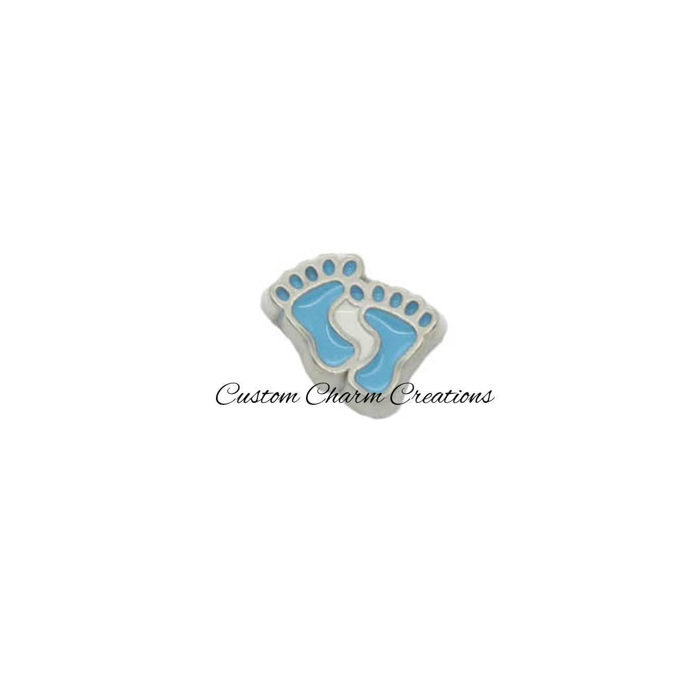 Blue Baby Footprints Floating Locket Charm - Custom Charm Creations