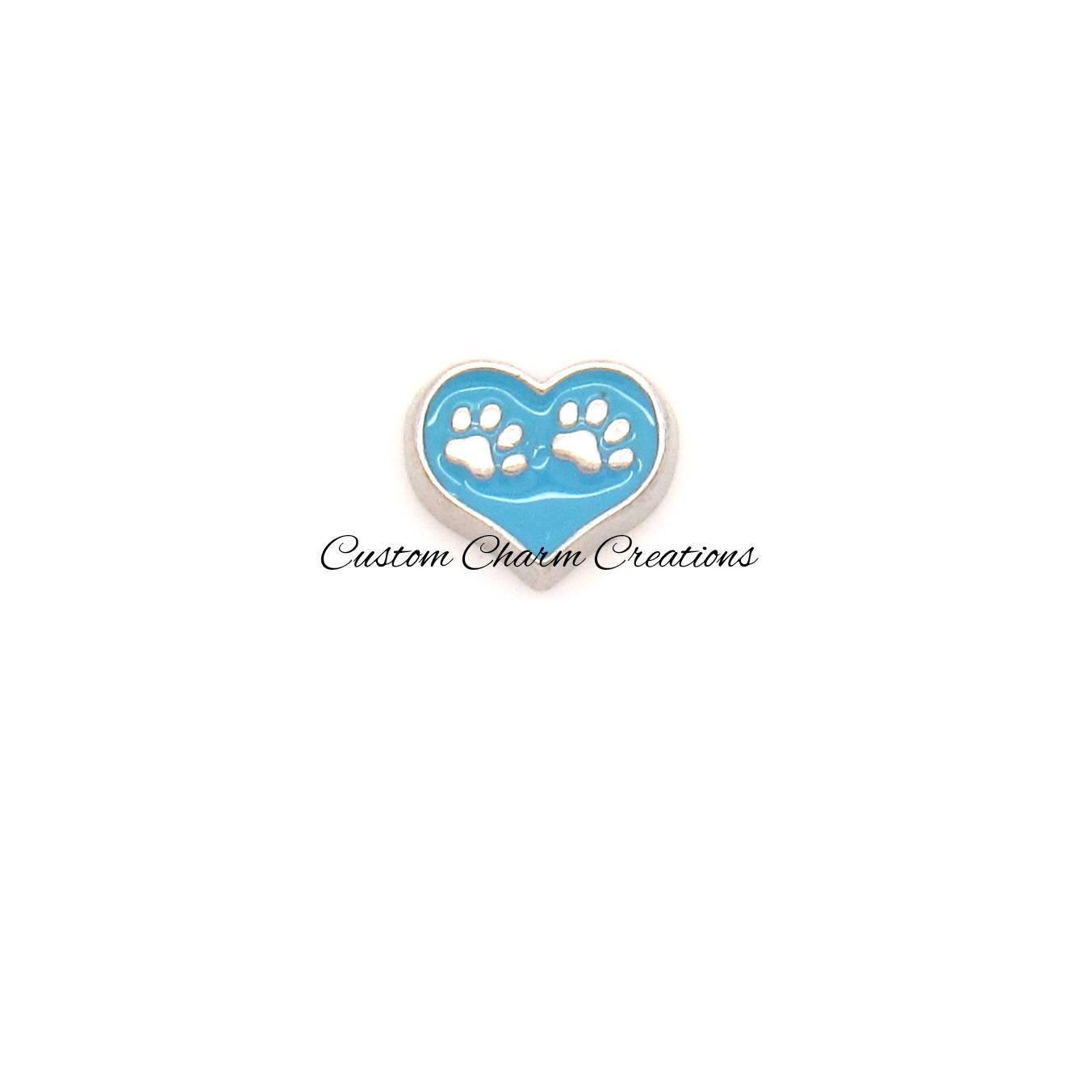 Blue Heart with Paw Prints Floating Locket Charm - Custom Charm Creations