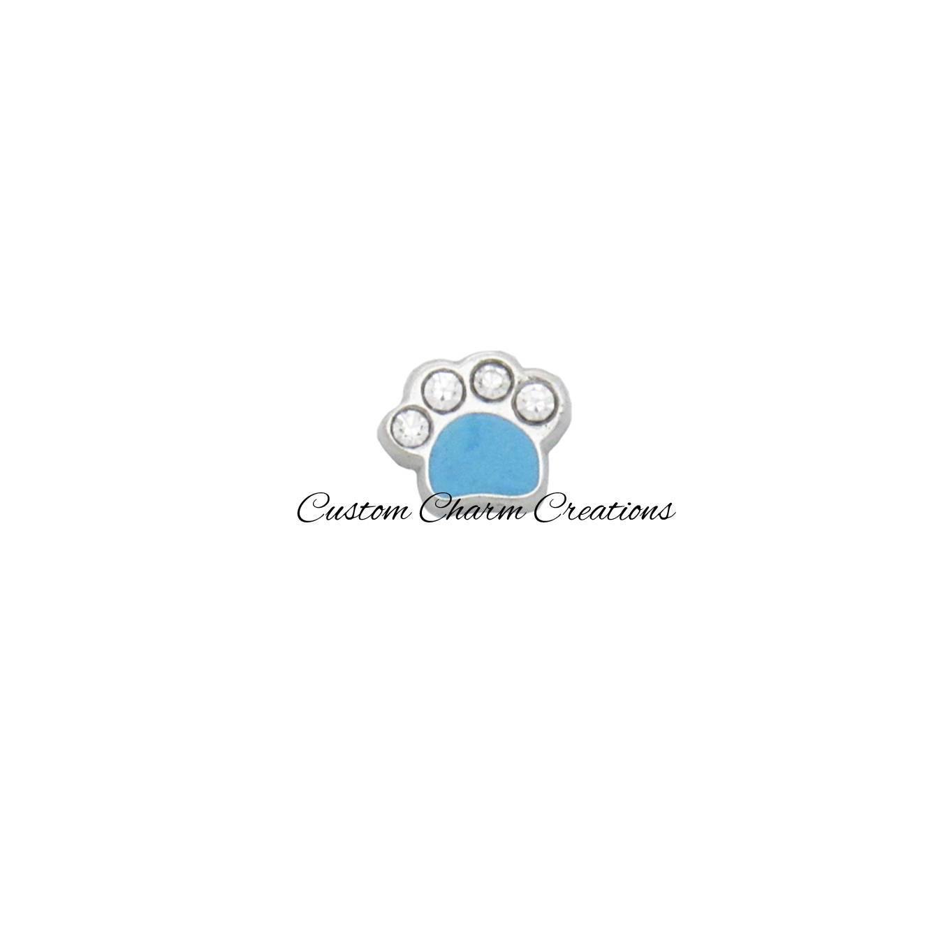 Blue Paw Print with Crystals Floating Locket Charm - Custom Charm Creations