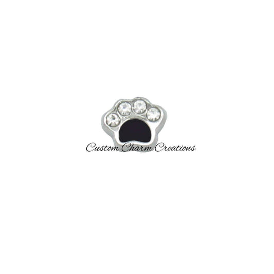 Black Paw Print with Crystals Floating Locket Charm - Custom Charm Creations