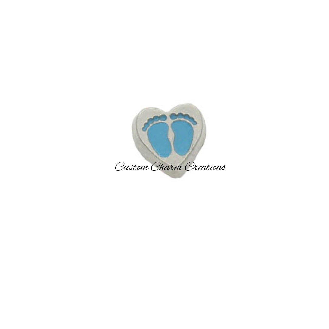 Blue Baby Footprints Heart Floating Locket Charm - Custom Charm Creations