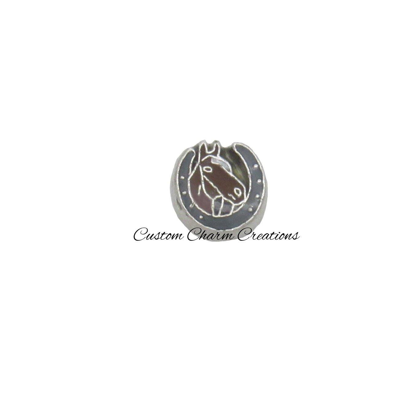 Brown Horse with Horse Shoe Floating Locket Charm - Custom Charm Creations