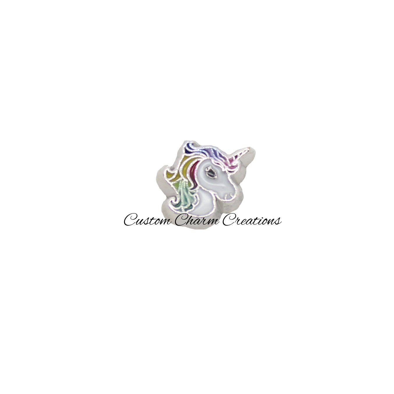 White Unicorn with Colorful Mane Floating Locket Charm - Custom Charm Creations
