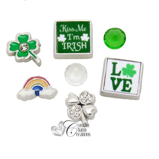 Saint Patrick's Day Floating Locket Charm Set • Shamrock • Four Leaf Clover • Rainbow - SET809 - Custom Charm Creations