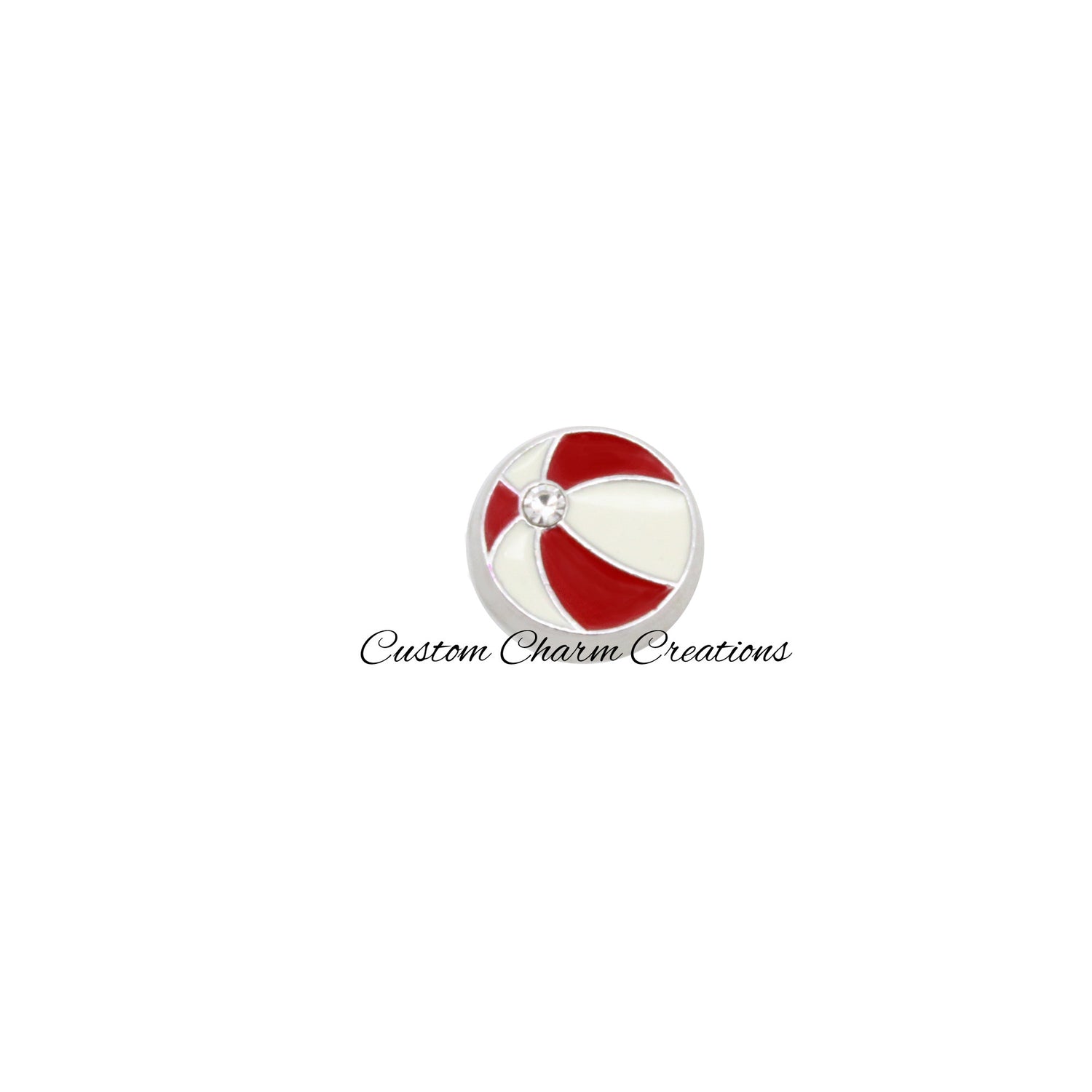 Red & White Beach Ball with Crystal Rhinestone Floating Locket Charm - Custom Charm Creations