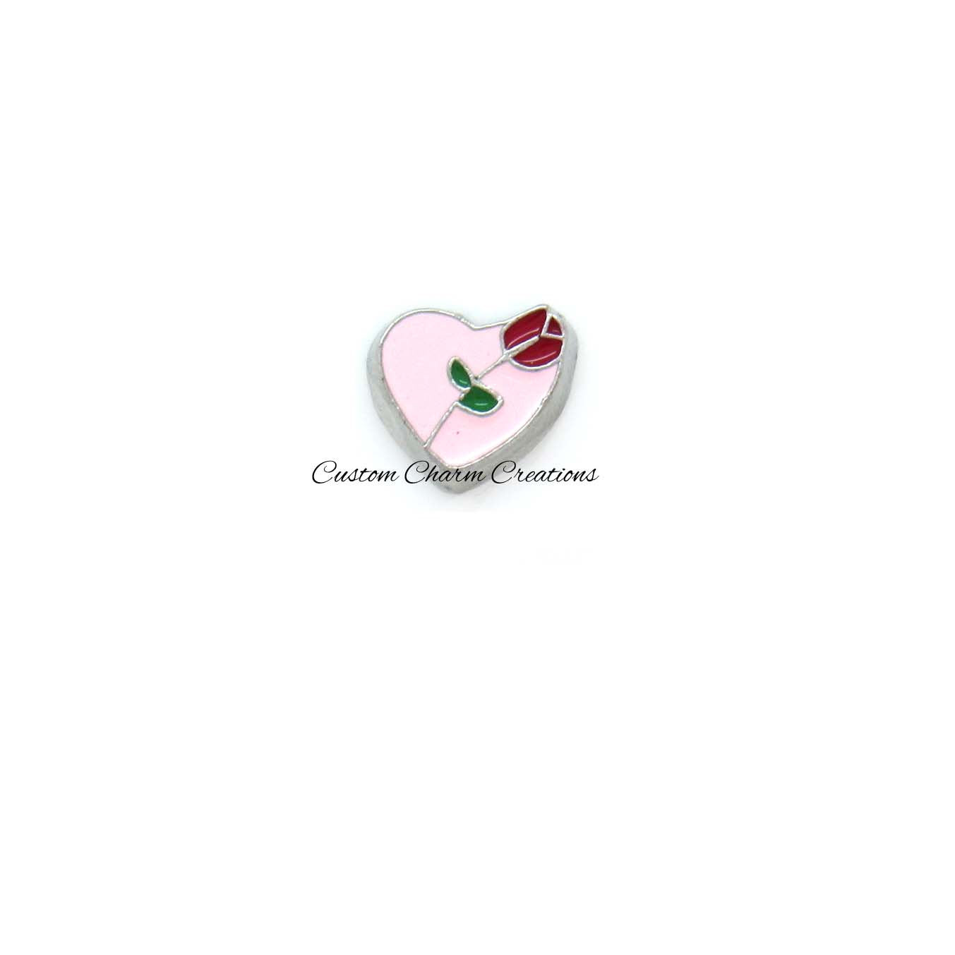 Pink Heart with Red Rose Floating Locket Charm - Custom Charm Creations